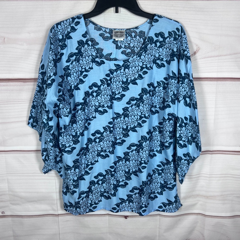 Hamakua Hawaiian Top Womens S Blue Floral Rayon Short Sleeve Scoop Neck Pullover